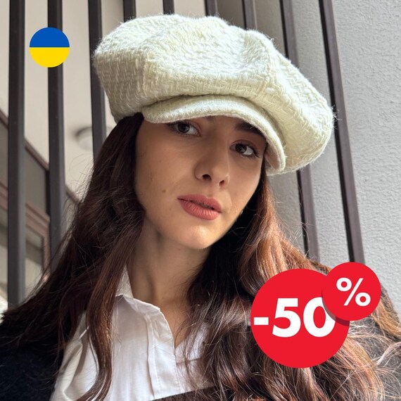 Oversized White Tweed Cap,large Volume Newsboy Cap for Women 