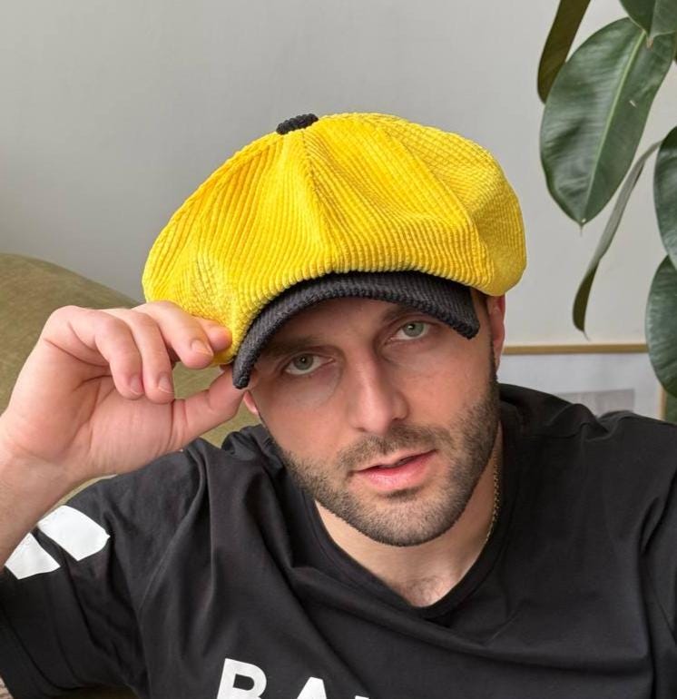 Oversized Yellow-black Cap,velveteen Newsboy Hat,yellow 8-panels