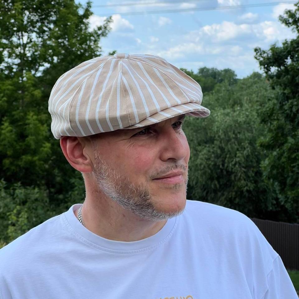 Beige-white Summer Newsboy Cap,sun Linen Cap Man,beige Striped 8