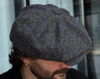 Grey-black tweed cap,tweed newsboy cap,retro style applejack cap,grey tweed vintage cap,grey-black newsboy cap,mens old-fashioned 8panel cap