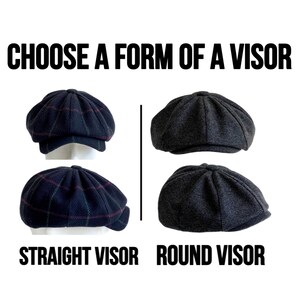 May include: Image featuring four newsboy caps, two with straight visors and two with round visors. The caps are in dark colors, with one pair having a plaid pattern. Text at the top reads "CHOOSE A FORM OF A VISOR."