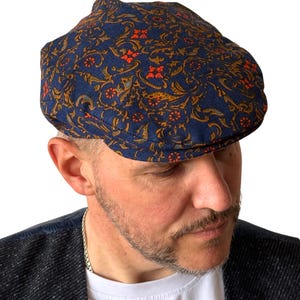 Patterned paisley gatsby cap,linen summer flat cap,blue driving retro hat,handmade Ivy cap unisex,Peaky blinders cap,newsboy cap,cabbie cap
