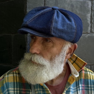 Gorra azul bicolor con retazos, gorra azul de estilo newsboy, gorra vaquera azul y azul oscuro, gorra vaquera de 8 paneles con diseño de manzana, gorra vaquera con retazos, gorra azul de primavera para hombre