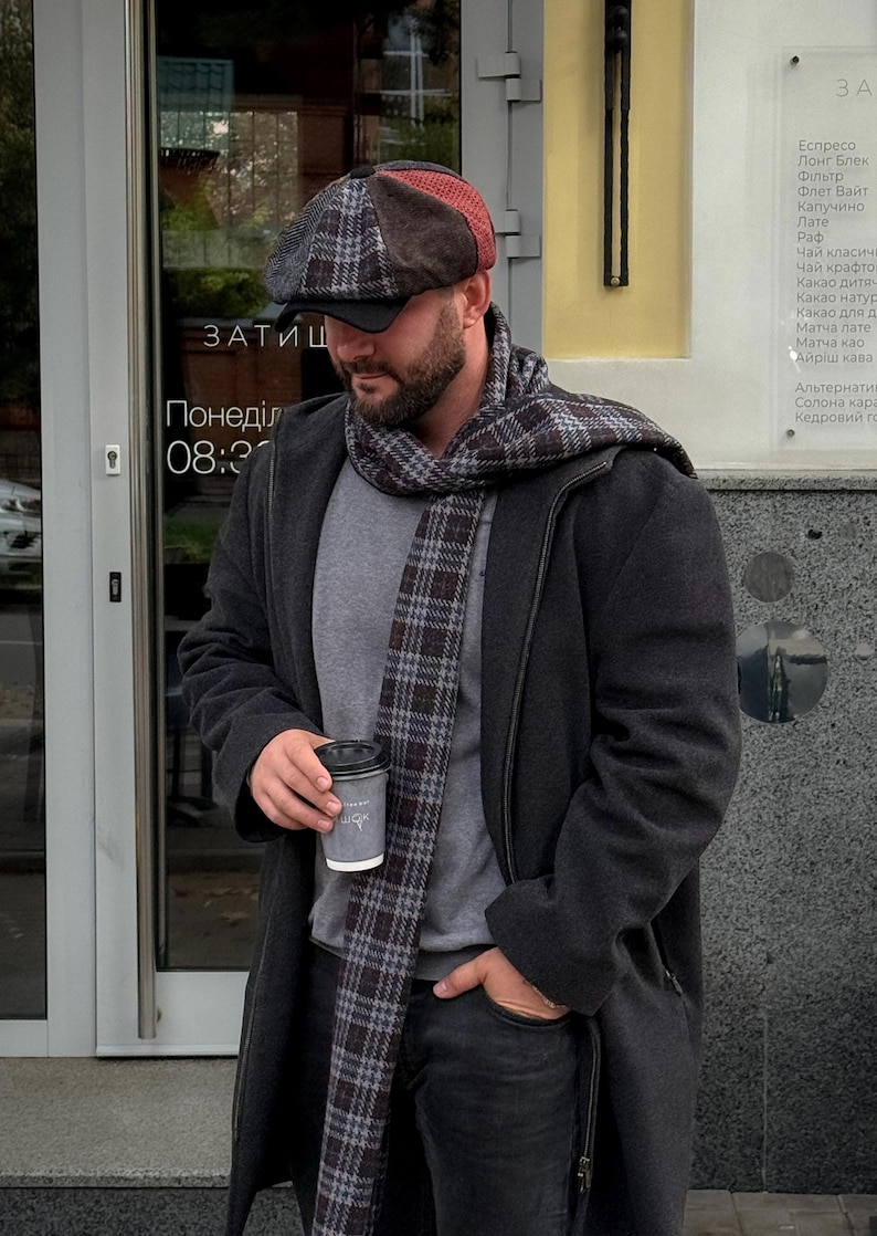 Överdimensionerad ullkeps i lapptäcke, flerfärgad Gavroche-keps, ulltidningskeps, blårödbrun Applejack-hatt, ullkeps med 8 paneler för män, Peaky Blinders-keps bild 7