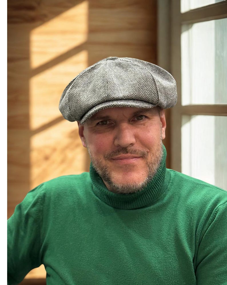 Spring grey-black herringbone wool cap,wool newsboy cap,grey-black applejack hat,peaky blinders hat,retro style wool Gavroche hat,Shelby cap image 2