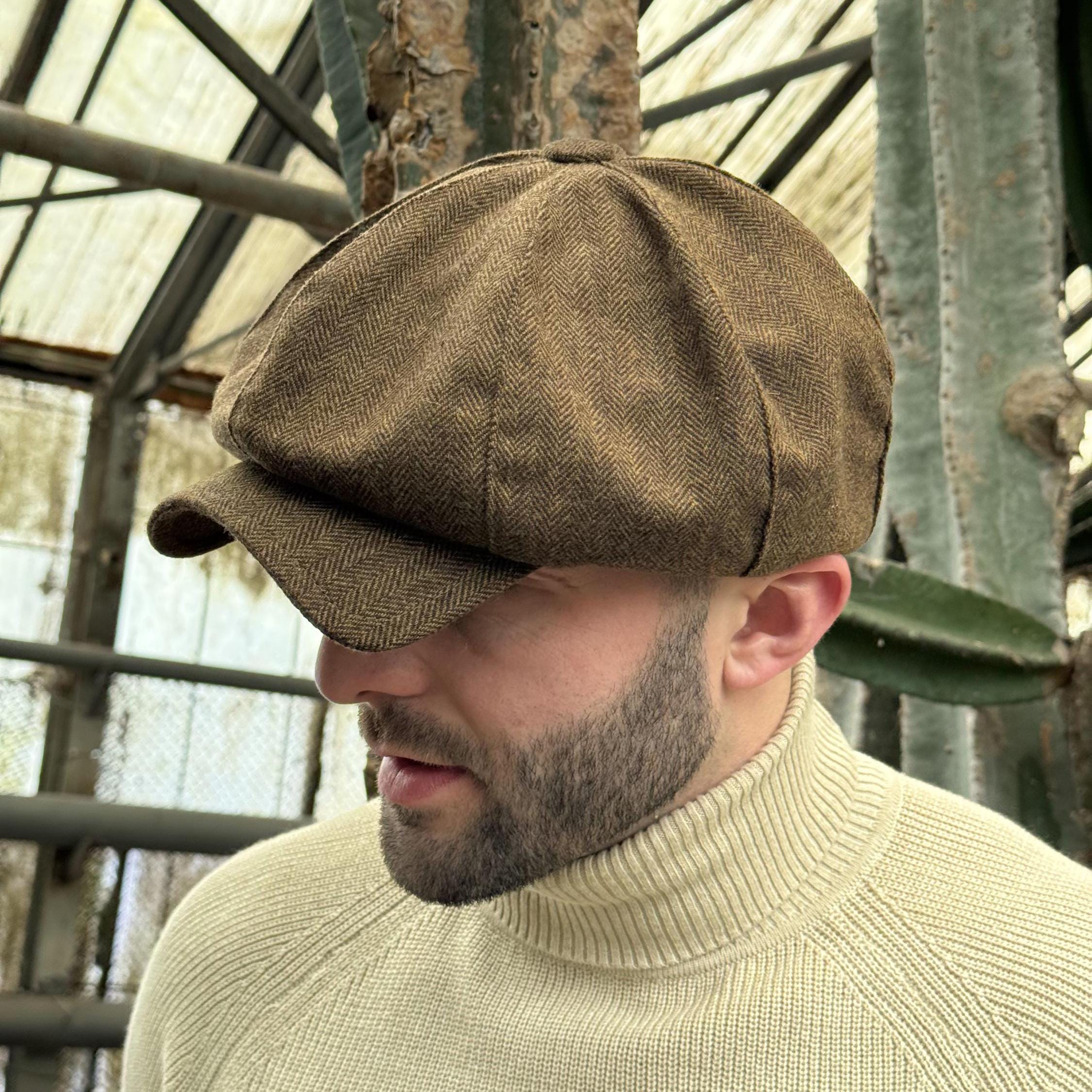 Brown applejack cap,newsboy wool hat men,brown Driving Cap,herringbone 8-panels cap,Peaky blinders hat, Shelby cap,brown wool baker boy cap