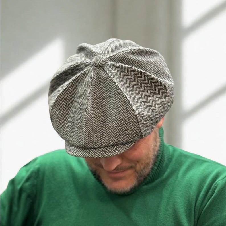 Spring grey-black herringbone wool cap,wool newsboy cap,grey-black applejack hat,peaky blinders hat,retro style wool Gavroche hat,Shelby cap image 1