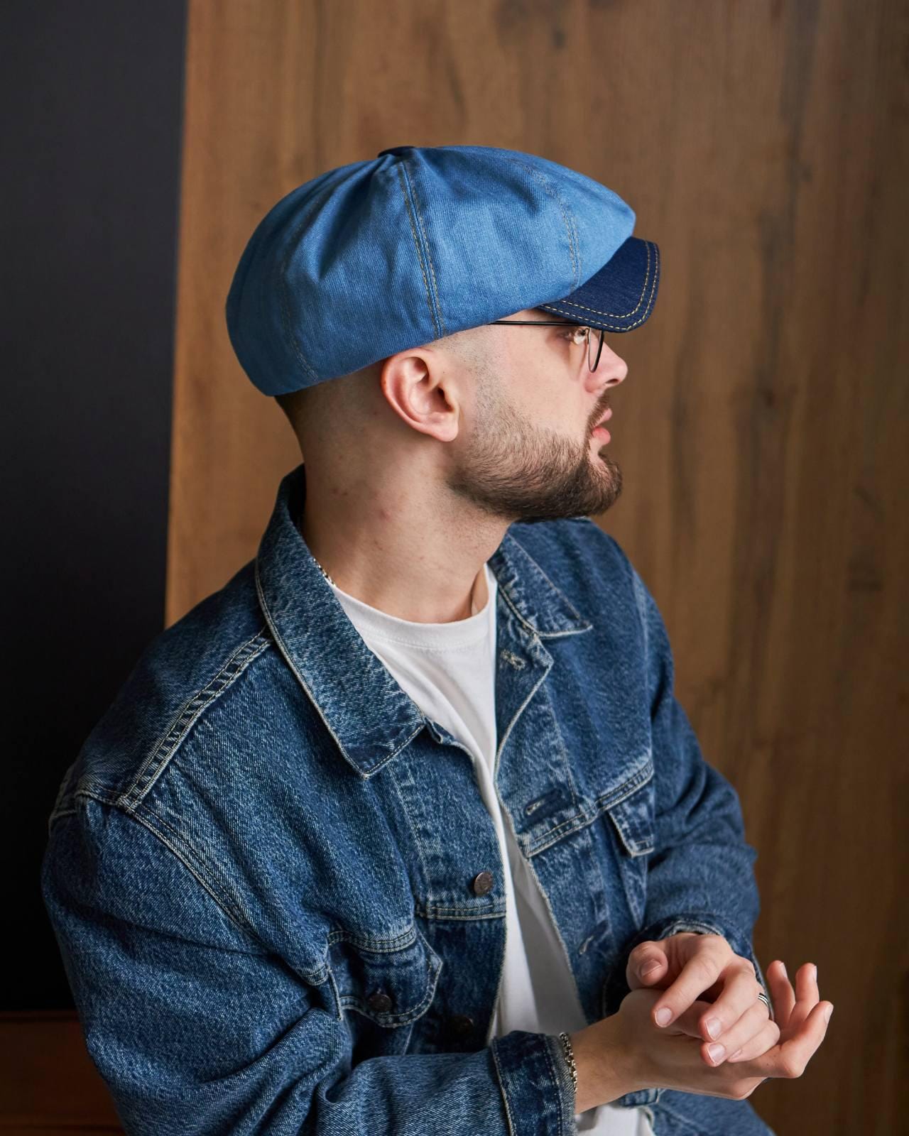 Two-tone Blue Denim Newsboy Cap,light Blue+dark Blue Denim  display picture 1