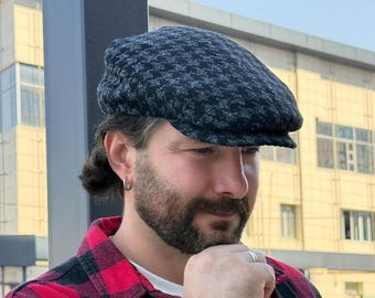Black-grey houndstooth flat cap,fall wool flat cap for men,newsboy cap,wool Ivy cap,black-grey flat cap,mens pageboy hat,schiebermütze damen