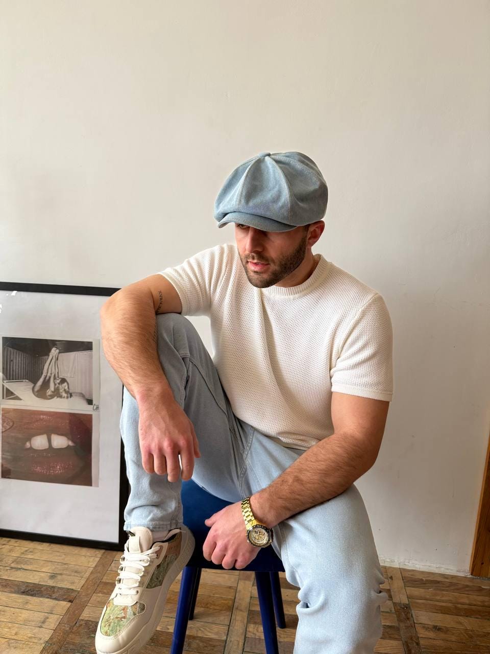 Light Blue Spring Denim Cap,blue Newsboy Cap,blue 8panel  display picture 2