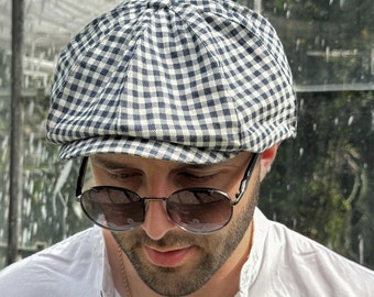 Casquette à carreaux blancs et bleus, chapeau d'été en lin, casquette gavroche pour hommes, chapeau Peaky oeillères, casquette gavroche, gavroche ecossaise, Schiebermütze, chapeau 8 panneaux