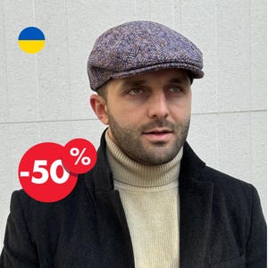 Brown-blue-white flat cap,wool Gatsby cap,driving retro hat,handmade wool Ivy cap,herringbone mens newsboy hat,handmade flat cap,cabbie hat