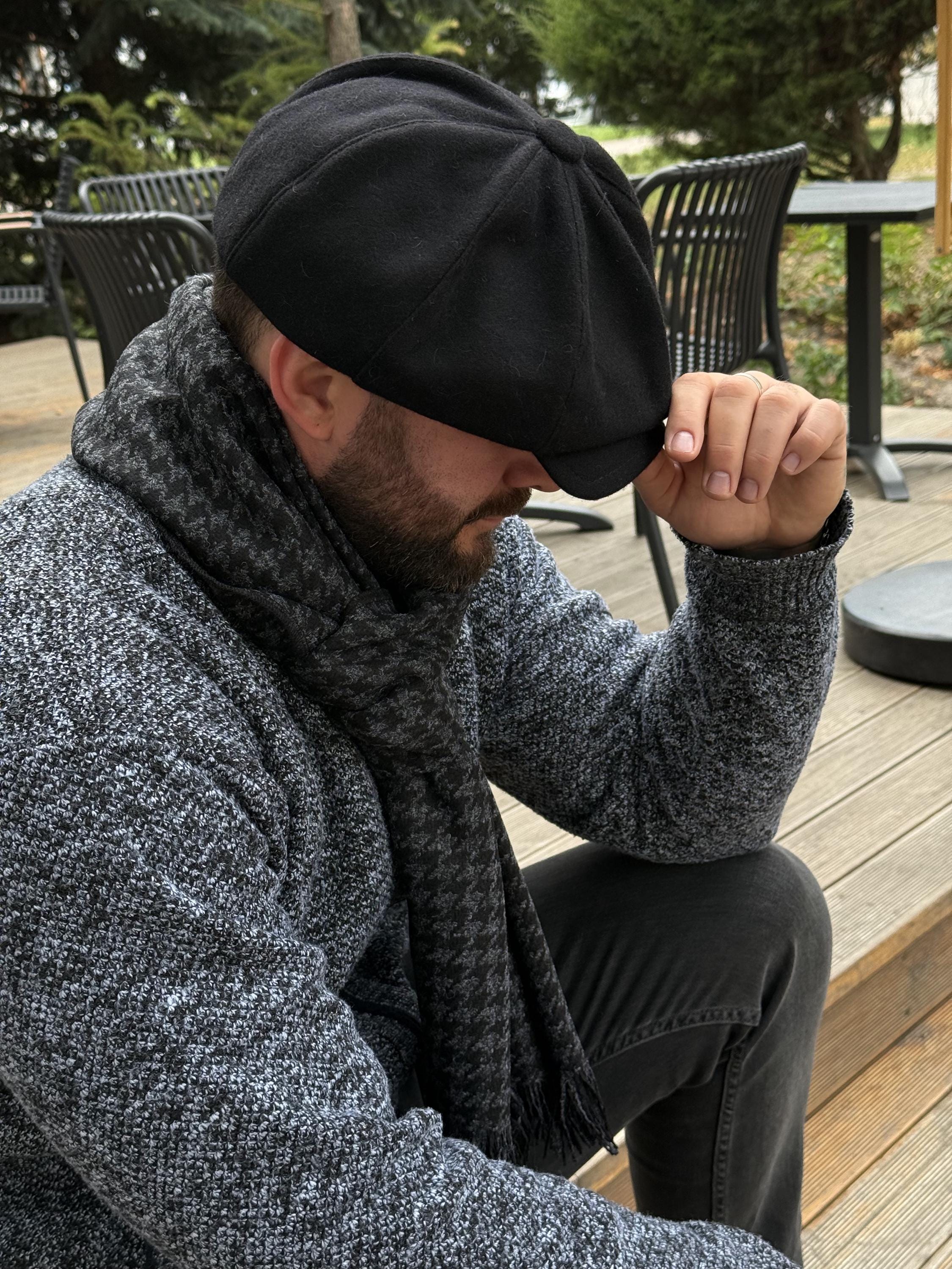 Black Newsboy Wool Cap,classic Black Wool Applejack Hat,peaky