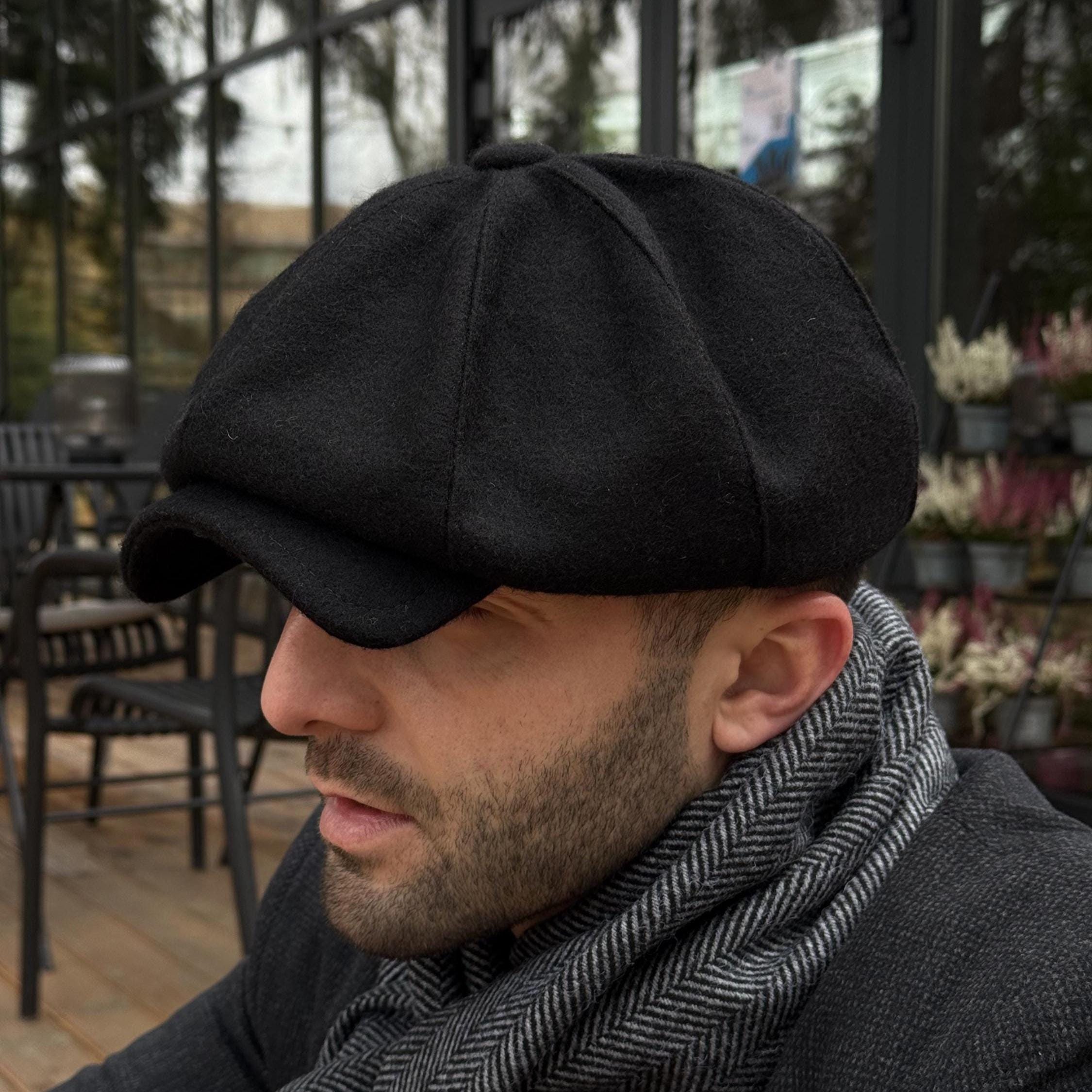 Black Wool 8-panel Cap,black Newsboy Cap,wool Gatsby Hat Man