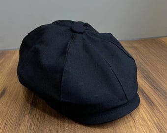 黒のリネン製ニュースボーイキャップ、黒の夏用リネンハット、黒のアップルジャックキャップ、ピーキーブラインダーズキャップ、黒のリネン製8パネルハット、手作りの男性用サンハット、キャビーハット