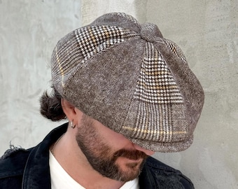 Oversized wool patchwork cap,newsboy cap,brown-white-yellow wool hat,patchwork style cap,Gavroche cap,autumn brown-yellow cap,applejack caps