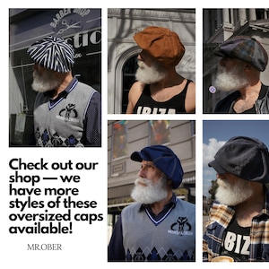 May include: A collage of oversized caps in various colors and patterns. The caps include a striped design, a brown suede-like material, a plaid pattern, a navy blue cap, and a corduroy cap. Text on the image reads "Check out our shop - we have more styles of these oversized caps available!"