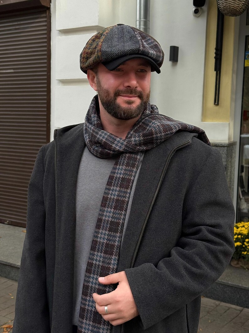 Överdimensionerad ullkeps i lapptäcke, flerfärgad Gavroche-keps, ulltidningskeps, blårödbrun Applejack-hatt, ullkeps med 8 paneler för män, Peaky Blinders-keps bild 4