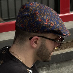 Flat cap summer, floral paisley blue cap,blue linen pageboy hat,linen flat cap,newsboy cap,casquette gavroche,gift for men,mod mens flat cap image 4