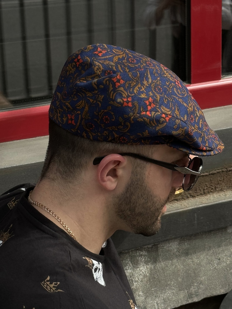 Flat cap summer, floral paisley blue cap,blue linen pageboy hat,linen flat cap,newsboy cap,casquette gavroche,gift for men,mod mens flat cap image 4