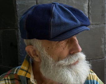 Blue patchwork newsboy cap,blue two-tone patchwork cap,denim 8panel applejack hat,blue+dark blue denim cap,denim cap,spring blue cap for men