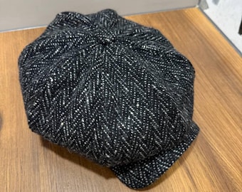 Black-white wool autumn-winter cap,newsboy cap,black-white applejack hat,Gavroche hat,black-white retro style cap,black cap for men,Dad cap