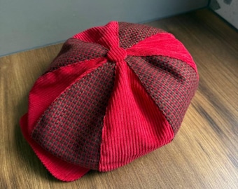 Red-burgundy-grey patchwork cap,red newsboy cap,small volume patchwork cap,mixed fabric cap,corduroy+wool patchwork cap,patchwork 8panel cap