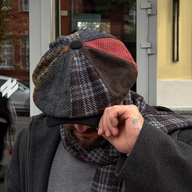 Överdimensionerad ullkeps i lapptäcke, flerfärgad Gavroche-keps, ulltidningskeps, blårödbrun Applejack-hatt, ullkeps med 8 paneler för män, Peaky Blinders-keps bild 2