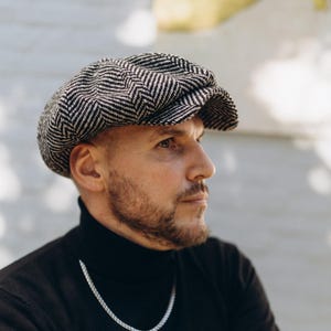 Black-white herringbone cap,wool Gavroche hat,black-whitenewsboy cap,Peaky blinders cap,Wool Gatsby hat,8-Panels Baker Boy Hat,Retro cap man
