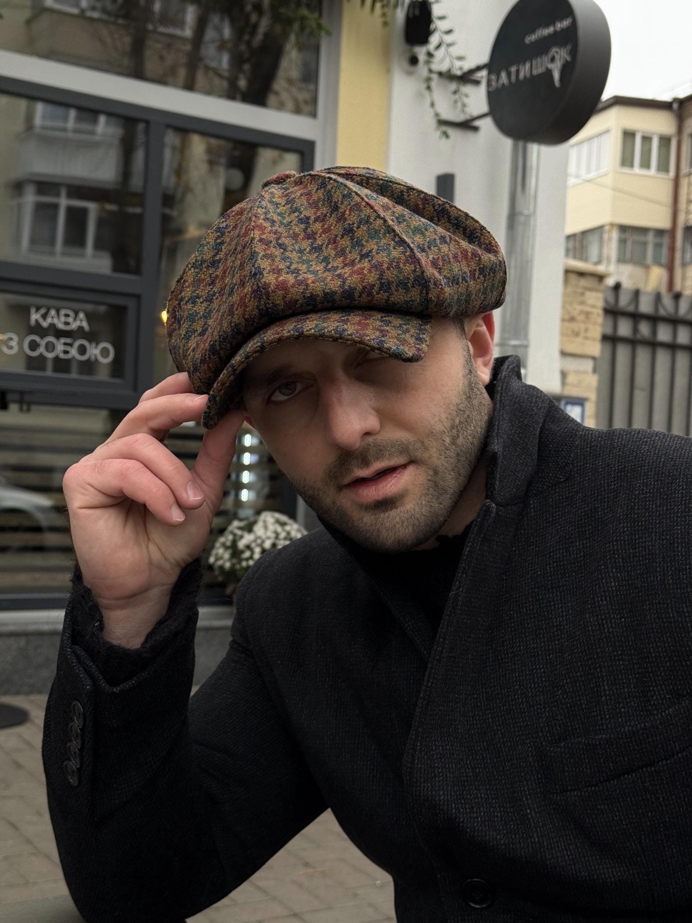 Multicolored Wool Newsboy Cap,wool Houndstooth Hat Man,autumn