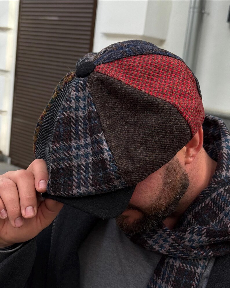 Överdimensionerad ullkeps i lapptäcke, flerfärgad Gavroche-keps, ulltidningskeps, blårödbrun Applejack-hatt, ullkeps med 8 paneler för män, Peaky Blinders-keps bild 1