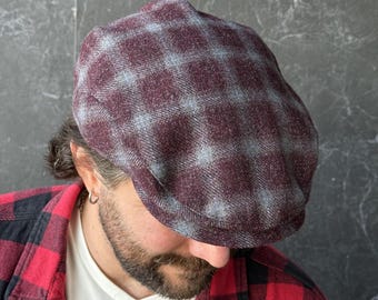 Mens wool flat cap,burgundy-blue-gray flat cap,spring-fall wool cap,newsboy cap,burgundy-blue Ivy cap,wool flat cap for men,retro flat caps