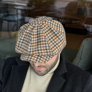 Beige woolen applejack cap,multicolored Irish-style cap,beige wool mens newsboy cap,Peaky caps style,houndstooth baker boy cap,Gavroche hat