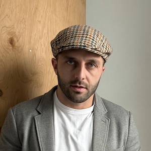Handmade wool flat cap,multicolored Gatsby cap men,houndstooth driving retro hat,Scally wool cap,wool men&#39;s newsboy hat,beige Ivy flat cap