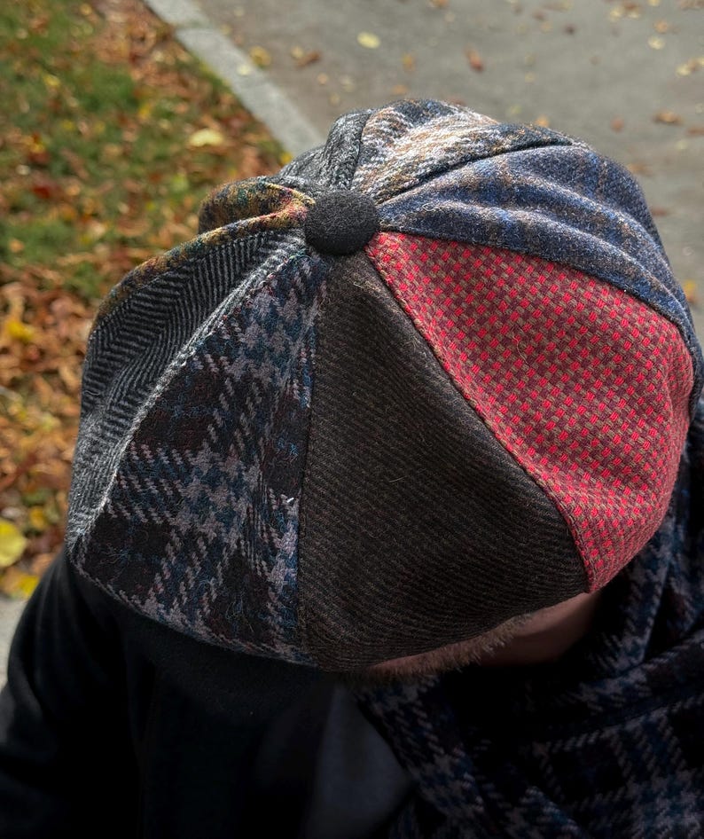 Överdimensionerad ullkeps i lapptäcke, flerfärgad Gavroche-keps, ulltidningskeps, blårödbrun Applejack-hatt, ullkeps med 8 paneler för män, Peaky Blinders-keps bild 5