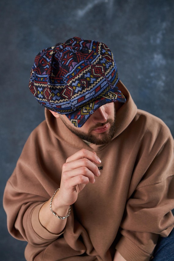 Printed Tapestry Newsboy Cap,tapestry Applejack Hat,blue-red  display picture 3