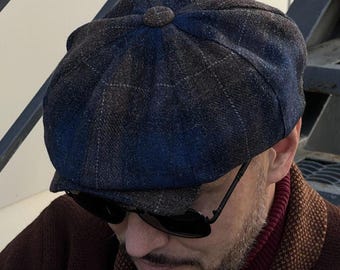 Autumn blue-brown 8-panels cap,men's newsboy cap,small volume wool hat for men,brown-blue applejack hat,retro style newsboy hat,Bakerboy hat