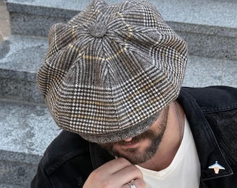 Oversized brown-white-yellow wool cap,mens newsboy cap,brown-white-yellow Gavroche cap,autumn brown wool cap for men,vintage newsboy cap