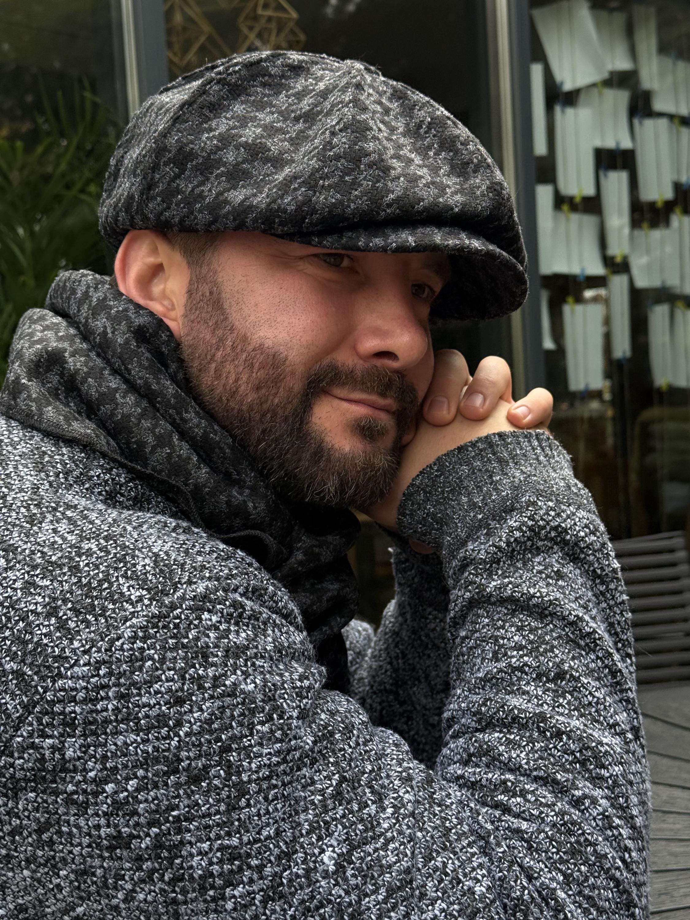 Wool Newsboy Cap,black-grey Houndstooth Hat,wool Applejack Hat Man