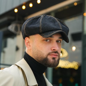 Black denim cap men,black newsboy cap,denim applejack cap,black denim Gatsby Cap,Peaky blinders cap,black 8-panel hat,denim cabbie cap retro