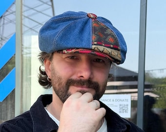 Blue denim with multicolored tapestry cap,newsboy cap,blue applejack cap,denim patchwork cap,blue 8panel cap,blue-multicolored patchwork cap