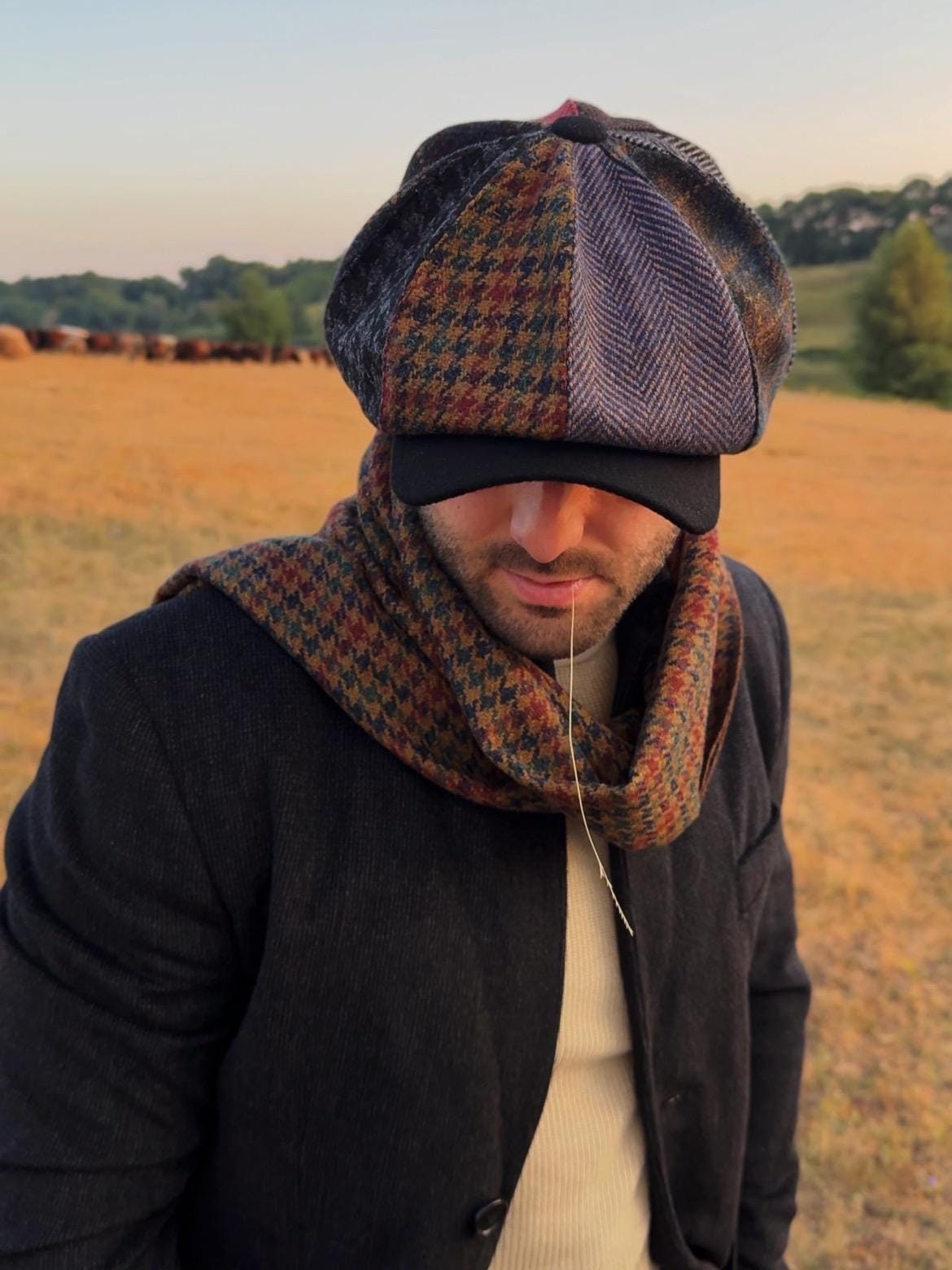 Harold\'s Brown Hat with Blue Patterned Scarf Ole Miss Scottish Tartan Clan Elliot Lambswool Scarf  main image 2