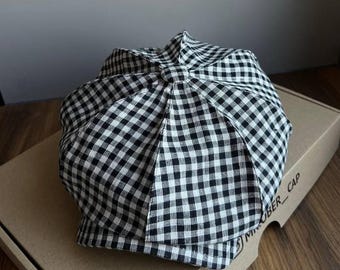 Newsboy beige-black linen cap,summer linen gingham cap,linen baker boy hat,beige-black applejack cap,summer 8-panels caps,Peaky blinders cap