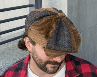 Patchwork newsboy cap,blue-brown patchwork cap,corduroy+wool newsboy hat,mens mixed fabric cap,multicolored patchwork cap,wool applejack hat