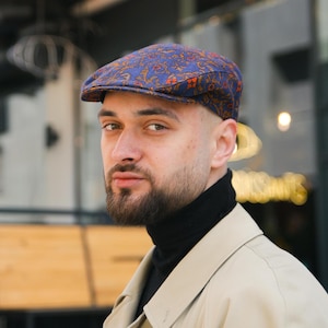 Gorra plana de lino unisex, gorra Gatsby estampada, gorra paje azul-roja, gorra plana de lino para hombre, gorra de vendedor de periódicos de lino, gorra ligera de verano para mujer, gorra plana hecha a mano