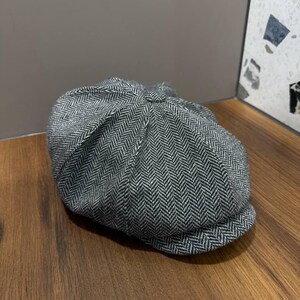 Spring grey-black herringbone wool cap,wool newsboy cap,grey-black applejack hat,peaky blinders hat,retro style wool Gavroche hat,Shelby cap image 4