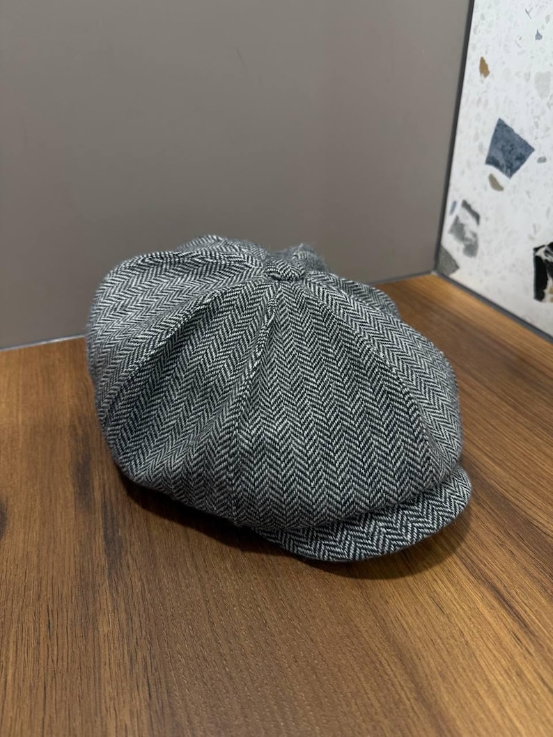 Spring grey-black herringbone wool cap,wool newsboy cap,grey-black applejack hat,peaky blinders hat,retro style wool Gavroche hat,Shelby cap image 4