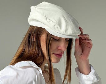 White Linen Gatsby Cap,summer Flat Cap Unisex,white Ivy Cap,white