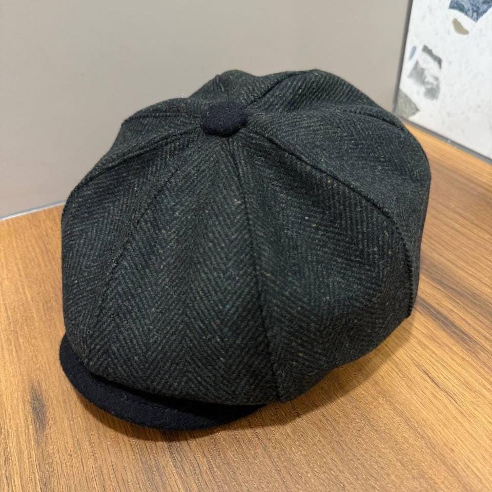 Black-green Oversized Newsboy Cap,black Wool Gavroche Cap,black