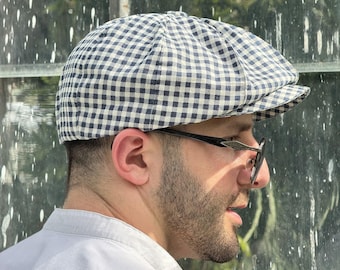 Casquette gavroche blanc-bleu, chapeau d'été en coton à carreaux pour homme, chapeau de boulanger en coton, casquette applejack blanc-bleu, casquette Peaky oeillères, casquette en coton blanc homme